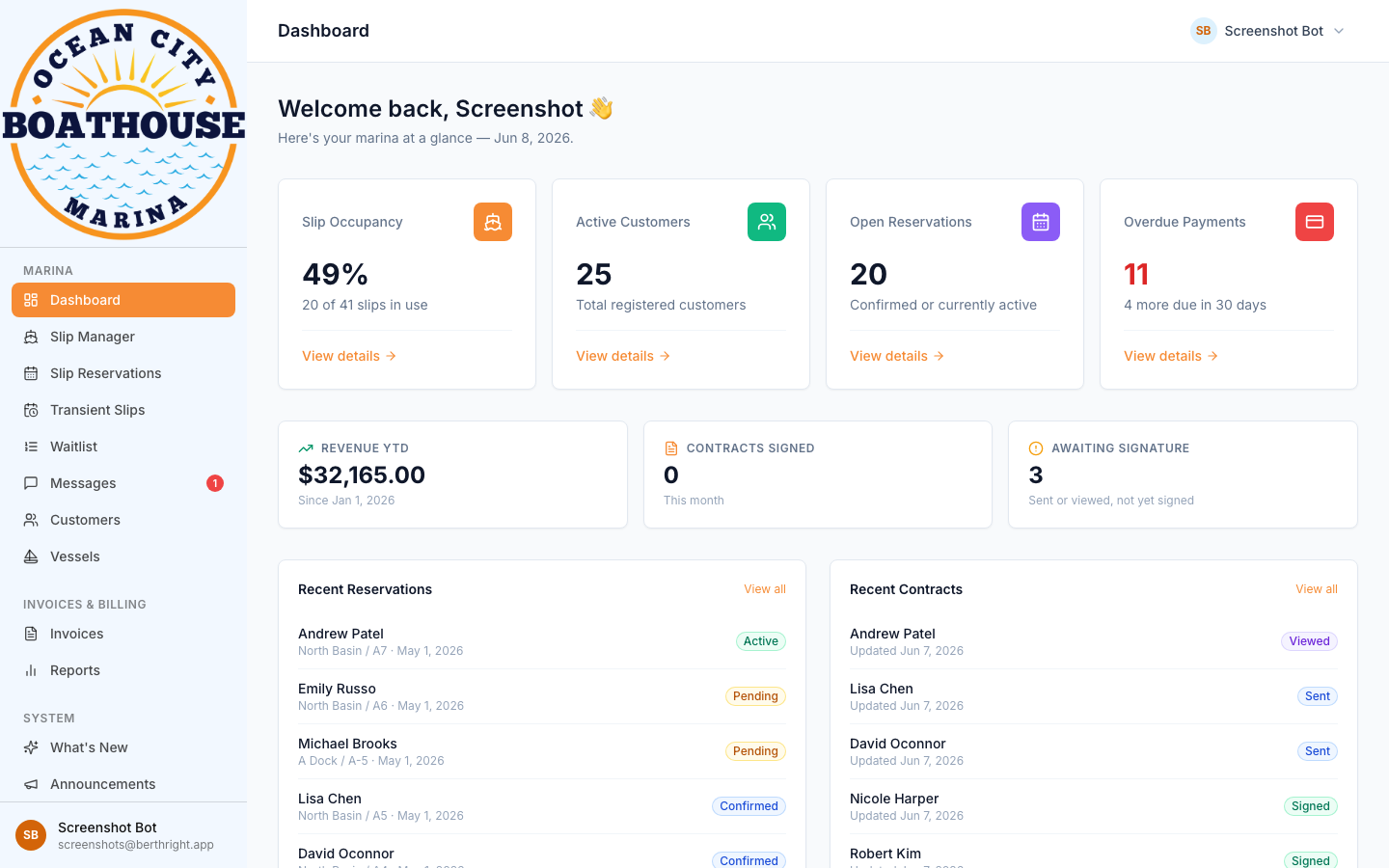 Admin dashboard with occupancy, revenue, and recent activity