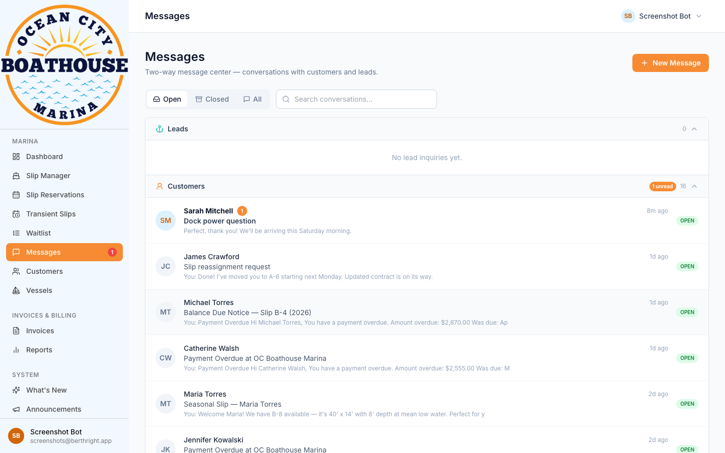 Message center with threaded customer conversations