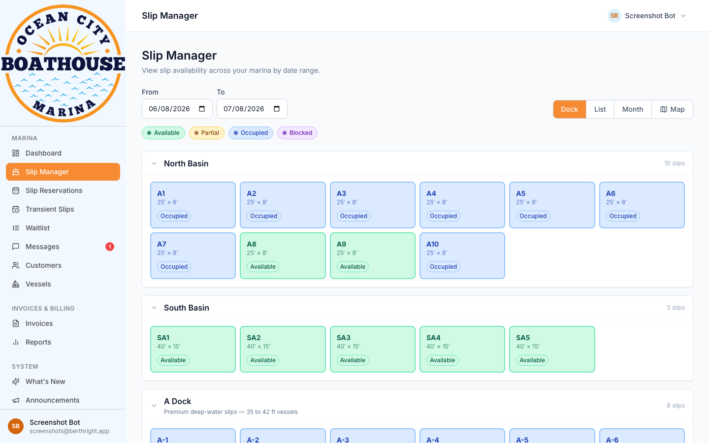 Slip manager showing dock layout with occupied and available slips