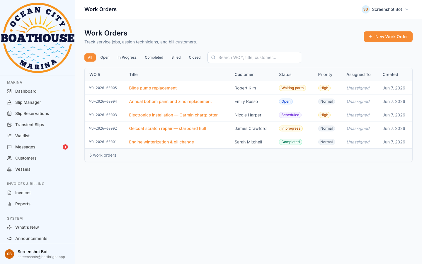 Work orders at various statuses with customer and priority